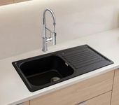 Zinzer Single Bowl Drainboard, Quartz Kitchen Sink, Black Color 36 x 18 x 8, German Engineered, Smooth Metallic Finish | Box includes Kitchen Sink, Sink Coupling, Hose Pipe, Drainer Basket