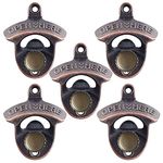 5 Packs Stainless Wall Mounted Magnetic Beer Bottle Opener with Magnetic Cap Catcher Built-in Rustic for Beer Lovers (Antique Copper)