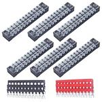 CEEYSEE 12pcs(6 Sets) 12 Positions Dual Rows Covered Screw Terminal Block 600V 15A + 6Pcs 12 Positions Pre-Insulated Black/Red Fork Terminal Barrier Strip 400V 15A (TB1512)