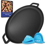 StarBlue 40.6cm Cast Iron Pizza Pan Round Griddle with Free Silicone Handles and 30 Recipes Ebook– Pre-Seasoned Comal, Kitchen Essentials for Lovers, Baking, Grill, BBQ, Stove Oven Safe