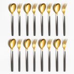 YELONA Set of 16 Premium Gold Titanium Plated Stainless Steel Cutlery, Flatware & Tableware (Contains: 8 Master Spoons, 8 Master Forks) - (Golden & Charcoal Black)