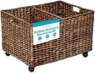 BIRDROCK HOME Rolling Storage and Recycling Bin - Brown Wash - Handwoven - Divided Decorative Cart - Kitchen - Paper Cans Glass Plastic Sorter - Toy Blanket Storage
