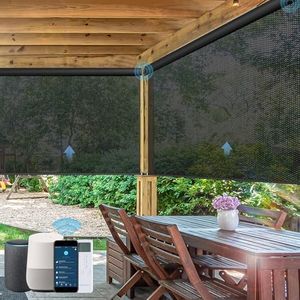 WEFFORT Motorized Outdoor Roller Shades,Patio Roll Up Blind Work with Alexa,Google Home,Apple Homekit,Remote Control Sun Shade,Waterproof &Windproof Smart Blinds for Porch,Sirus Black,3% openess