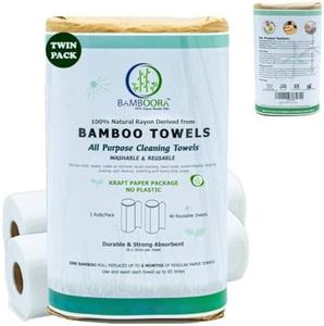 Bamboora Pack of 2 Reusable Bamboo Paper Towels - Lint Free, Zero Waste, Recyclable, Eco Friendly Paper Towels, 2X 40 Organic Washable Rolls