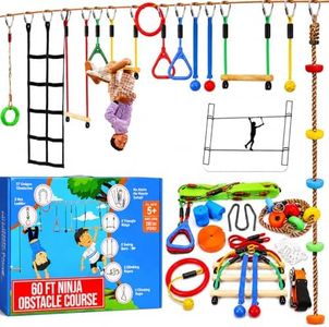 Hyponix Ninja Obstacle Course for Kids – 2 x 60 ft Slacklines with 13 Weatherproof Obstacles – Monkey Net, Ratchet-Tight Tech, Supports 880 lbs – Climbing & Swinging Backyard Fun