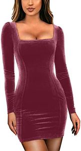 GOBLES Womens Sexy Velvet Long Sleeve Bodycon Elegant Mini Party Dress, Dark Pink, Large