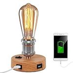 Jansi USB Bedside Table Lamp, Industrial Table Lamp with 2 USB Ports, Small Table lamp Vintage Desk Lamp for Bedroom, Office, Living Room (Without Bulb) (Wood Color)