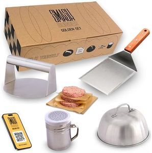 ADEGO Kit Smash Burger Professionale in Acciaio Inossidabile + QR con Ricettario - Prodotto Certificato UE Contatto con Alimenti - Set Smash Burger Professionale - Pressa per Hamburger