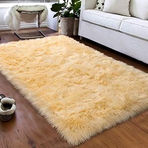 Softlife Fluffy Faux Fur Sheepskin Rugs Luxurious Wool Area Rug for Kids Room Bedroom Bedside Living Room Office Home Decor Carpet (3ft x 5ft, Yellow)