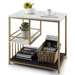 Giantex Side Table with Storage, 3-Tier End Table with Golden Polished Steel Frame Sofa Couch Table for Living Room, Modern Nightstand for Bedroom, Easy Assembly, Marble & Golden