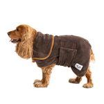 Drying Dog Fleece by The Wagging Tailor® - Soft Feel Microfibre Large Dog Dressing Gown - Adjustable Dog Bathrobe Large With Velcro Collar & Under Belly, Dog Robes for Drying Dogs (Brown, L)