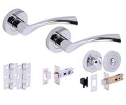 HANDLEZONE® Lobo Door Handles on Rose Bathroom Deadbolt Pack with 75mm Ball Bearing Hinges, 65mm Latch and Lock - Polished Chrome