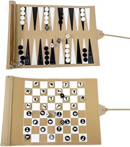 Apherin Rollable Travel Backgammon, Chess, Checkers 3 in 1 Set - Double Sided Piece Design for Chess (Beige)