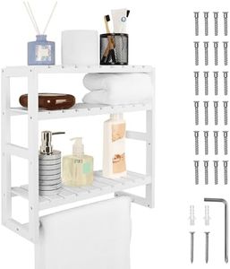 BELLE VOUS 3-Tier White Floating Shelves - 42cm/16.5 Inches Long Decorative Storage Set - Rustic Wall-Mounted Wood Shelf with Towel Bar for Bathroom, Living Room, Bedroom and Kitchen