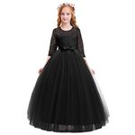 IWEMEK Flower Girls 3/4 Sleeve Floral Lace Tulle First Communion Pageant Dresses Kids Big Girls Princess Birthday Carnival Christmas Bridesmaid Wedding Party Prom Ball Gown Black 11-12 Years