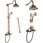 Aolemi Shower Faucet Antique Brass 8 Inch Rainfall Shower Head 12 Inch Extension Tube Included Handheld Spray Shower Fixture Dual Knobs Mixer Bathroom Shower System Combo Set Wall Mount