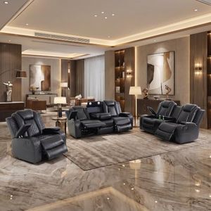 Asevlge Breathing Leather Power Reclining Sofa Set 3 Pieces, Recliner Couches for Living Room, USB Charging Port, Adjustment Control Module, Cup Holder, Lighting, Wireless Charging, Black