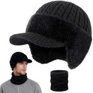 Winter Beanie Visor and Earflaps for Men Women, 2026 New Fleece Hat Scarf Set,Trapper for Skiing Hunting Fishing (Black(with Scarf))