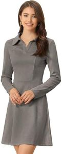 Allegra K Women's Faux Suede Lapel Neck Long Sleeve A-Line Dress Dark Gray Small