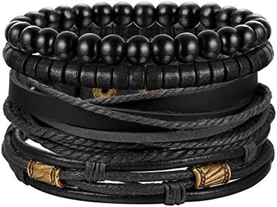 Jstyle 4Pcs Braided Leather Bracelet for Women Mens Cuff Bead Bracelet Set Adjustable Black