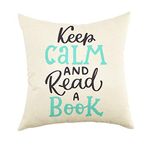 Ogiselestyle Keep Calm and Read A Book Motivational Quote Throw Pillow Cover Reading Decoration Home Decor Cotton Linen Cushion Case with Words for Sofa Couch Decorative Pillow Case 18"x18"