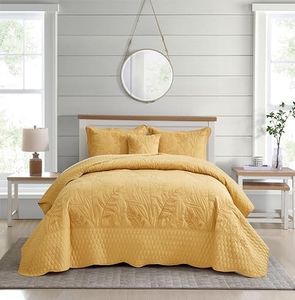 DaisyHuang Botanical Oversized Bedspread King Size - Leaves Pattern Stitching Quilt Set - Elegent & Fresh Style Bedding Coverlets, Reversible, Lightweight, 4 Piece, Honey Gold