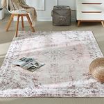 BRICHOEE Vintage Machine Washable 5x7 Area Rug Light Pink Indoor Low-Pile Floral Print Carpet Non Slip Printed Boho Vintage Rugs for Living Room