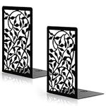 Belle Vous Black Metal Heavy-Duty Bookends with Floral Pattern (1 Pair) - Anti-Slip Non-Skid Book Stopper Supports for Books & CDs - Dividers For Shelves, Office, Library, Home and School