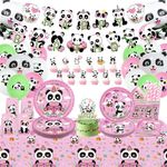 Obussgar Panda Birthday Party Decorations - Panda Birthday Party Supplies including Banner, Cake Topper, Plates, Cups, Napkins, Tablecloths for Girls Panda Birthday Party Decorations - Serves 20