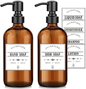 Soap Dispenser 2 Pack 16OZ Amber Glass Soap Dispenser with Stainless Steel Pump Hand Soap Dispenser and Dish Soap Dispenser for Kitchen Soap Dispenser Bathroom with Waterproof Labels