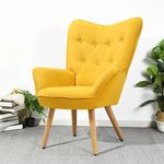 INMOZATA Linen Fabric Armchair High Back Accent Chair Button Tufted Lounge Leisure Chair upholstered Tub Chair with Wood Legs for Dining Bedroom Living Room Reading (Yellow)