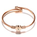 Luluadorn Rose Gold Heart N Letter Bracelets Engraved Initial Charms Cuff Bracelet Stainless Steel Expandable for Women Birthday Gifts