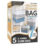 5 Pack Cube Vacuum Storage Bags, Jumbo Vacuum Cubes for Storage Vacuum Sealed, Extra Large Space Saver Vacuum Storage Bags for Bedding, Clothes, Comforters, Blanket, Duvets (Cube Sized)