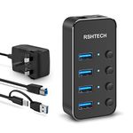 RSHTECH 4-Port Powered USB 3.0 /USB C Hub, Aluminum USB Splitter USB 3.0 Extension Hub with 2-in-1 USB Type A/C Cable and 5V/2A Power Adapter (RSH-ST04)