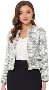 Allegra K Giacca corta da donna in tweed scozzese blazer manica lunga aperta davanti lavoro ufficio giacca corta, bianco, 48