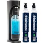 DrinkMate OmniFizz Sparkling Water and Soda Carbonator, Sparkles Any Drink, Includes 1L Re-usable BPA-Free Carbonating Bottle, Two 60L CO2 Cylinders and Patented Fizz Infuser (Matte Black)