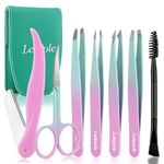 Tweezers Set 7Pcs for Facial Hair Women - Precision Tweezers Set with Travel Case - Stainless Steel Tweezers for Eyebrows with Scissors, Razor, Mirror for Ingrown Hair (Pink/Blue)