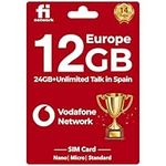 Vodafone Network Europe Sim Card - 12GB in 4G/LTE in UK and Europe, 24GB and Unlimited Calls in Spain, Sim Card Europe with Vodafone Data for 14 Days, Supported Hotspot for Android Mobile Phone