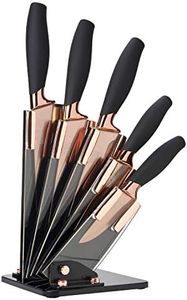 5pc Kitchen Knife Set & Block - Brooklyn by Taylors Eye Witness. Rose Gold Coloured Bolsters, Finely Ground Razor Sharp Titanium Coated Matching Blades. Soft Grip Handles. Modern Fan Shaped Holder.
