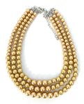 Womens Faux Pearl 3 Layer Multi Strand Gatsby Necklace Statement Bib Bead (Champagne Gold)