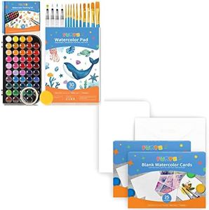 Funto 48 Color Watercolor Paint Set and 50 Blank Watercolor Cards Bundle, with 10 Brushes, 4 Refillable Water Brush Pens, Palette, 30 Page Pad(9"x12"), 50 Cards and Envelopes(5"x7", 140lb/300gsm)