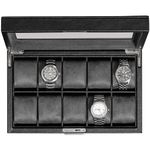 ROTHWELL 10 Slot Leather Watch Box - Luxury Watch Case Display Organizer, Ultra Soft Microsuede Liner, Locking Jewelry Watches Holder With Large Glass Top (Black/Grey)