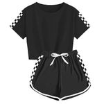 BOVOSHA Girls Summer Clothes Kids Outfit Short Sleeve Crop Top ＋ Plaid Shorts Set Kids Sports Tracksuit (Black, 12-14 Years)