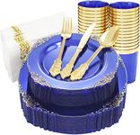 LATERN 175Pcs Multi-Use Blue and Gold Plastic Dinnerware Set, 25 Resuable Dinner Plates, 25 Salad Plates, 25 Knives, 25 Mini Forks, 25 Spoons, 25 Cups, 25 Napkins for Wedding Anniversary Garden Party