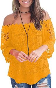 MIHOLL Women's Lace Off Shoulder Tops Casual Loose Blouse Shirts (Yellow, X-Large)