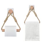 2-Pack Self-Adhesive Toilet Paper Holders - Rustic Industrial Jute Rope & Wood Bracket, Wall-Mounted Towel Racks, Eco-Friendly Bathroom Accessories Set