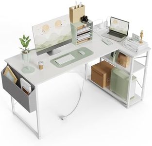 BEXEVUE Computer Desk with Power Outlets, 47 Inch L Shaped Desk with Reversible Shelves, Gaming Desk Corner Desk Study Work Desk for Home Office Bedroom Small Space, White