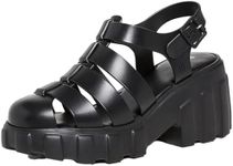 Melissa Megan Platform Jelly Heels for Women - The Iconic Original 90’s Jelly Shoe, Fisherman's Sandal with Chunky, Platform Lug-Sole Heel and Adjustable Strap and Side Buckle, Black, 8