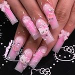 Long Square False Nails, Pink Press on Nails, Acrylic Stick on Nails, 24pcs Kitty Design Fake Nails with Glue Sticker for Women Teen Girls Nail Tips (Kitty-3, 24pcs)