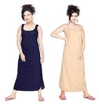 Vibha Women's Hosiery Cotton Solid Full Length Camisole, Long Inner wear Petticoat-Nighty Slip-Kurti Slip-Suit Slip Combo of 2 (Navy Blue, Skin-Free Size)